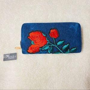 Minky Denim Red Roses double zipper wallet new